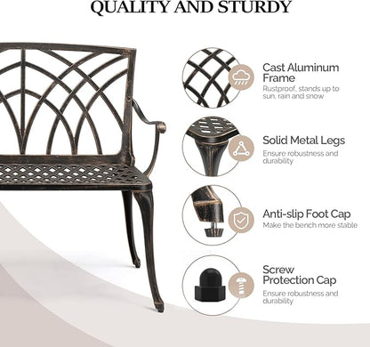 VINGLI 38" Outdoor Metal Bench, Cast Aluminium Garden Bench, Weatherproof Antique Finish Orchid Chair, 1-2 Person Seat Deck Furniture for Porch Entryway Patio (Brown)