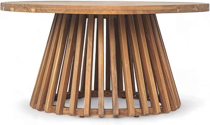 Merax Outdoor Acacia Wood Conversation Set, 3-Seat Loveseat Sofa w/Coushion and Round Coffee Table for Backyard, Patio Furniture, Teak+Light Gray