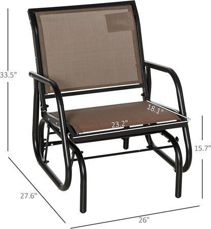Outsunny Porch Glider, Metal Frame Swing Glider Chair with Breathable Mesh Fabric, Curved Armrests and Steel Frame for Garden, Poolside, Backyard, Balcony, Brown