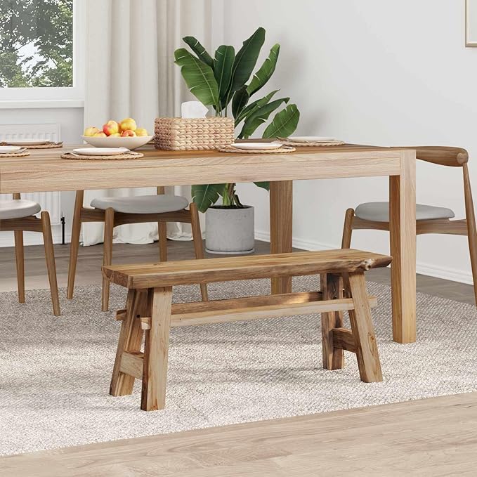 Solid Teak Wood Bench 39.37 x 11.42 x 17.13 Inches Natural Finish for Patio Garden Balcony Indoor Outdoor Use Durable Furniture Rustic Decor
