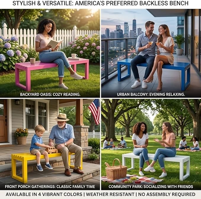 Outdoor Metal Backless Bench, Garden Bench 880lbs Capacity, 3.3ft 3.9ft 4.9ft 5.9ft All-Weather Steel Patio Benches for Outside Front Porch Yard Deck Pathway Seating(Blue,3.3ft)
