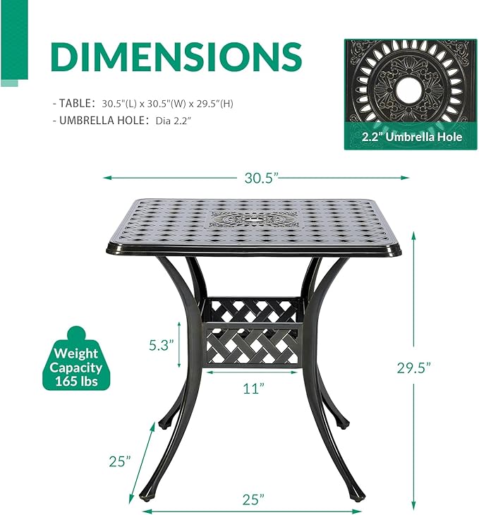 VIVIJASON 30.5" Patio Table Outdoor Dining Square Table Bronze Cast Aluminum Dining Table with Umbrella Hole