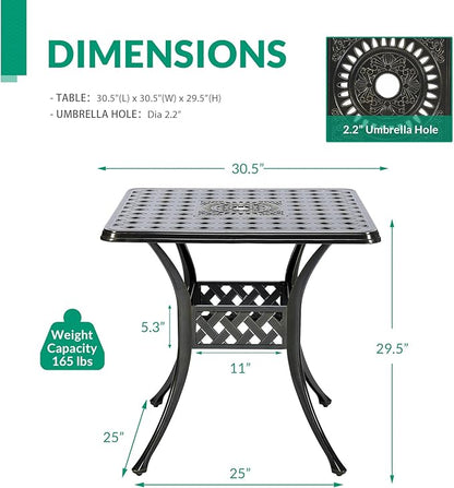 VIVIJASON 30.5" Patio Table Outdoor Dining Square Table Bronze Cast Aluminum Dining Table with Umbrella Hole