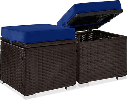 Best Choice Products Set of 2 Wicker Ottomans, Multipurpose Outdoor Furniture for Patio, Backyard, Additional Seating, Footrest, Side Table w/Storage, Removable Cushions - Navy/Brown