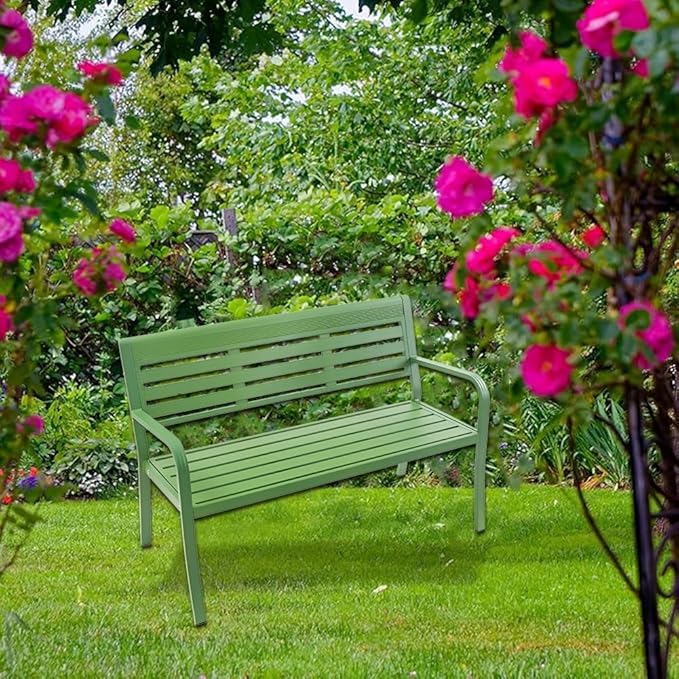 Metal Garden Bench 2-Seater, Aluminum Park Bench with Backrest and Armrests, Weatherproof Outdoor Furniture Loveseat(Green)