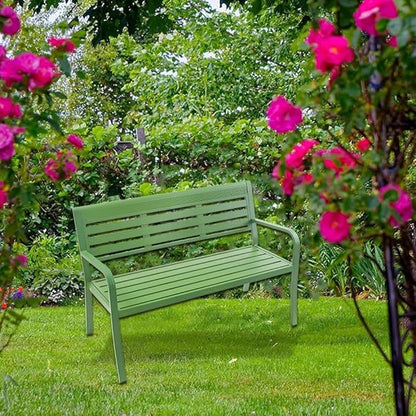 Metal Garden Bench 2-Seater, Aluminum Park Bench with Backrest and Armrests, Weatherproof Outdoor Furniture Loveseat(Green)