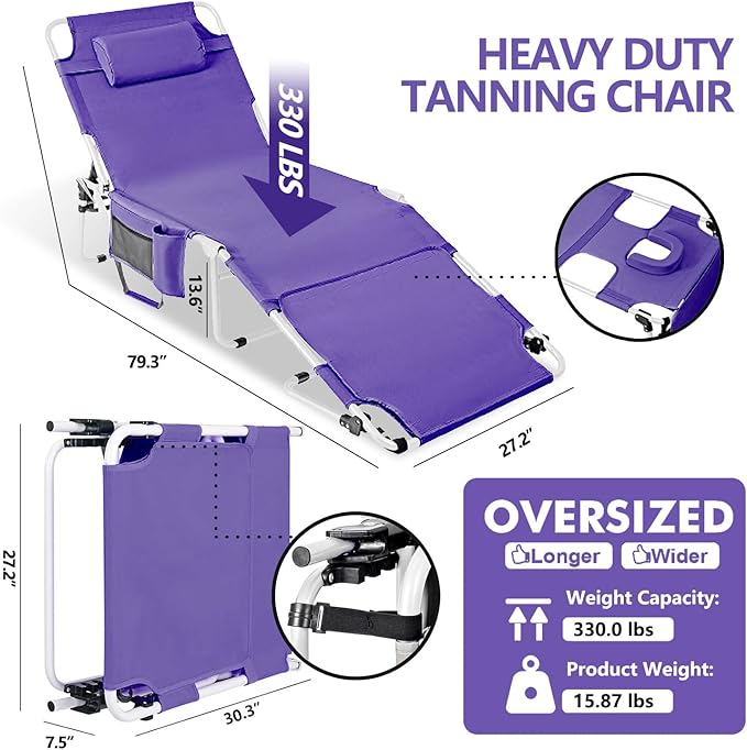 Tanning Chair with Face Hole, Adjustable Folding Chaise Lounge Chairs for Outside with Detachable Pillow & Pocket，Portable flat beach chairs for sunbathing, beach lawns camping (Purple, Oversized)