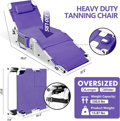 Tanning Chair with Face Hole, Adjustable Folding Chaise Lounge Chairs for Outside with Detachable Pillow & Pocket，Portable flat beach chairs for sunbathing, beach lawns camping (Purple, Oversized)