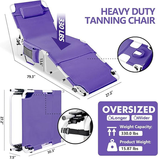 Tanning Chair with Face Hole, Adjustable Folding Chaise Lounge Chairs for Outside with Detachable Pillow & Pocket，Portable flat beach chairs for sunbathing, beach lawns camping (Purple, Oversized)