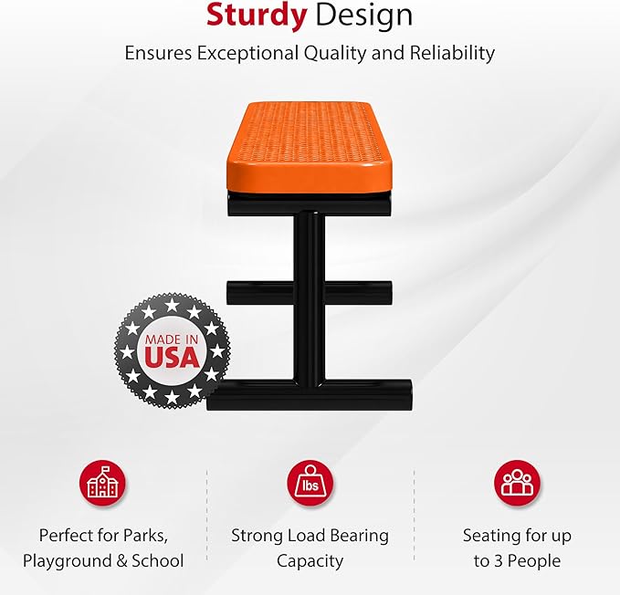 Leisure Craft Metal Outdoor Bench - 6 Foot Heavy Duty Backless Bench Seating for Garden, Porch, Picnic, Park, Expanded Metal, Thermoplastic Coating, Commercial Grade Furniture Made in USA - Orange