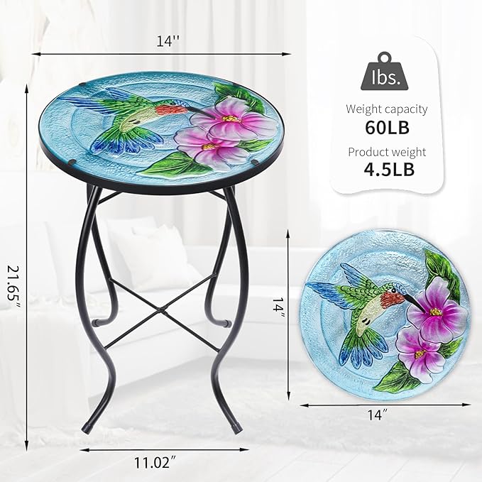 VCUTEKA Patio Side Table Outdoor Accent Table Small Mosaic Table Coffee Table End Table Porch Indoor Outdoor Round Glass Balcony Bistro Hummingbird Flowers 14 inches