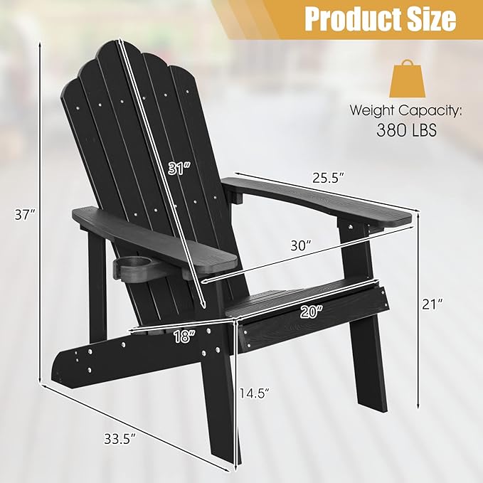 Giantex Outdoor Adirondack Chair - Oversized Patio Chairs w/Hidden Cup Holder, Realistic Wood Grain, 380 LBS Weight Capacity, Weather Resistant Firepit Chairs for Backyard, Garden (1, Black)