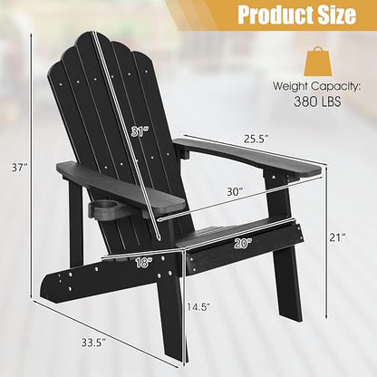 Giantex Outdoor Adirondack Chair - Oversized Patio Chairs w/Hidden Cup Holder, Realistic Wood Grain, 380 LBS Weight Capacity, Weather Resistant Firepit Chairs for Backyard, Garden (1, Black)