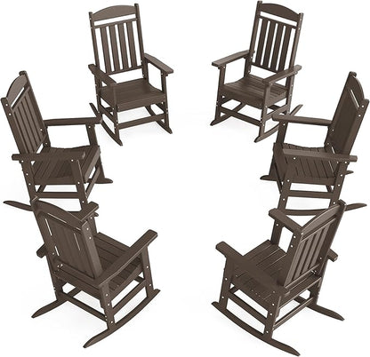 Outdoor Rocking Chairs Set of 6, Oversized High Back Patio Rocking Chairs, All Weather Porch Rocking Chairs for Outside. Coffee