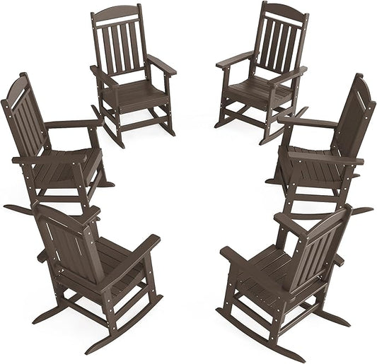 Outdoor Rocking Chairs Set of 6, Oversized High Back Patio Rocking Chairs, All Weather Porch Rocking Chairs for Outside. Coffee