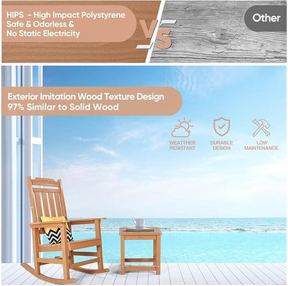 Rocking Chair, All Weather Resistant Poly Lumber Outdoor Porch Rocker, Rocking Chairs for Outdoor, Indoor, Patio, Deck, Garden, Backyard, Load Bearing 380 lbs - Teak