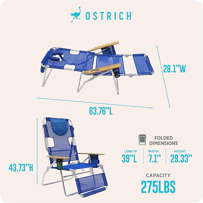 Ostrich Altitude 3N1 Lightweight Lawn Beach Reclining Lounge Chair w/Footrest, Outdoor Furniture for Patio, Balcony, Backyard, or Porch, Blue Stripe