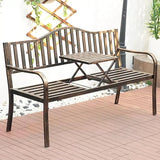 Weatherproof Outdoor Bench, Patio Metal Garden Bench with Built in Table for Yard Lawn Decor Deck(Brown) - Photo 1