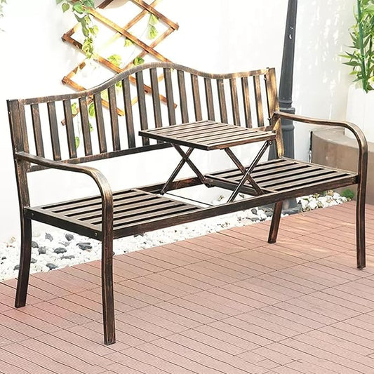 Weatherproof Outdoor Bench, Patio Metal Garden Bench with Built in Table for Yard Lawn Decor Deck(Brown)