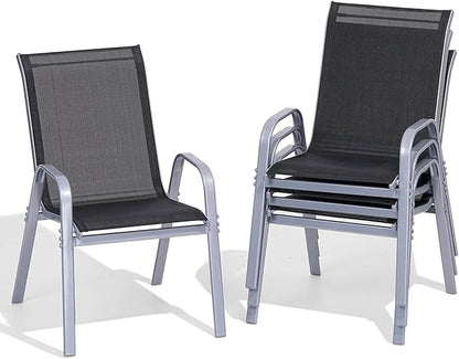 Patio Chairs Set of 4, Easily Set Up Stackable Outdoor Dining Chairs with High Back and Wide Seat, All Weather Breathable Outdoor Chairs Set of 4 with Metal Frame for Backyard Deck Pool, Black