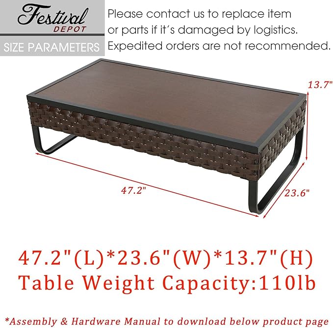 Festival Depot Patio Coffee Table Rectangle Wicker Rattan Table with Wood Grain Desktop and U Shaped Legs All Weather Outdoor Furniture for Garden Bistro 47.2"(L) x 23.6"(W) x 13.7"(H)