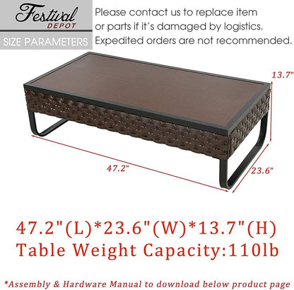 Festival Depot Patio Coffee Table Rectangle Wicker Rattan Table with Wood Grain Desktop and U Shaped Legs All Weather Outdoor Furniture for Garden Bistro 47.2"(L) x 23.6"(W) x 13.7"(H)