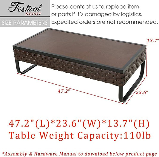 Festival Depot Patio Coffee Table Rectangle Wicker Rattan Table with Wood Grain Desktop and U Shaped Legs All Weather Outdoor Furniture for Garden Bistro 47.2"(L) x 23.6"(W) x 13.7"(H)