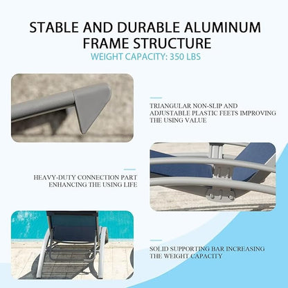 Domi Pool Lounge Chairs Set of 2, Adjustable Aluminum Outdoor Chaise Lounge Chairs, All Weather for Deck Lawn Poolside Backyard -Blue Textilene