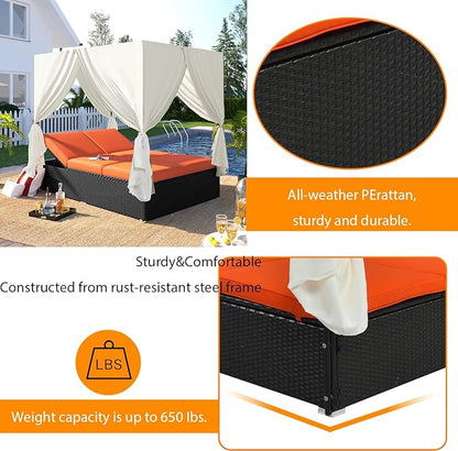 Patio Chaise Lounge,Outdoor Patio PE Rattan Wicker Sunbed Daybed with Orange Cushions, Adjustable Seats and Four-Sided Overhead Canopy – Versatile Use for Patio, Garden, and Poolside