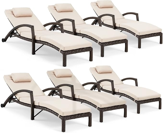 HOMREST Chaise Lounge Chairs Set of 6, PE Rattan Wicker Lounge Chair with Arm and Wheels for Poolside,Khaki - Photo 1