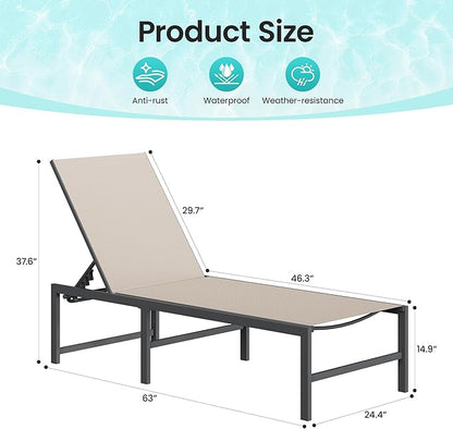 Amopatio Outdoor Patio Lounge Chair, Adjustable Heavy-Duty Chaise Lounge for Poolside, Weather Resistant Pool Lounge Furniture Set with Table for Backyard Beach, 400 LBS Capacity(Khaki)