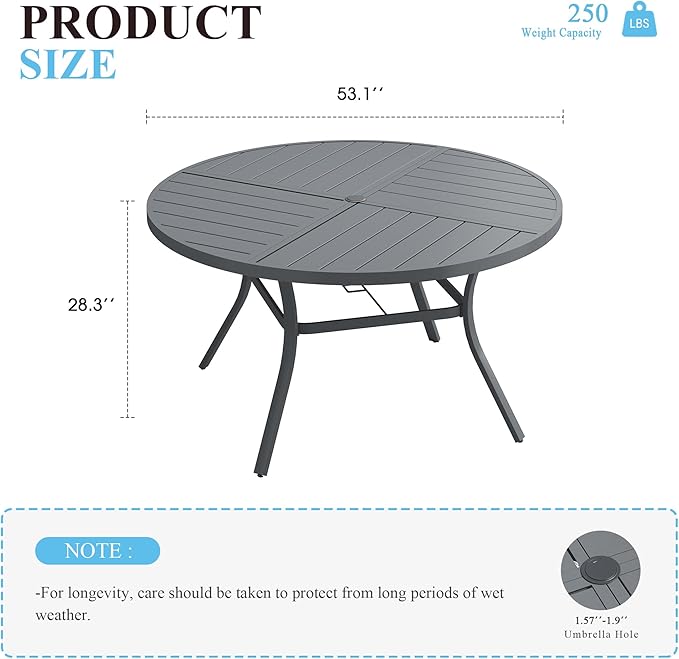 VICLLAX 53" Round Patio Table with Umbrella Hole, All Weather Metal Outdoor Dining Table for 6-8, Outside Table for Lawn Garden, Grey