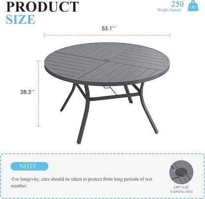 VICLLAX 53" Round Patio Table with Umbrella Hole, All Weather Metal Outdoor Dining Table for 6-8, Outside Table for Lawn Garden, Grey