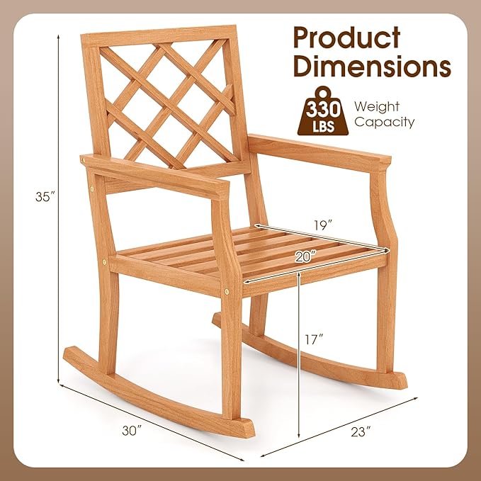 Tangkula Teak Wood Rocking Chair, Oversized Porch Rocker with Backrest and Slatted Seat, Outdoor Rocker Chair for Patio, Backyard and Lawn, 330 LBS Weight Capacity (1, 30 x 23 x 35 Inch)