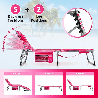 GYMAX Tanning Chair, 330LBS Beach Lounge Chair w/Face Arm Hole & Shoulder Strap, Folding Layout Sunbath Chair, Face Down Outdoor Chaise Lounger for Patio, Poolside, Lawn, Backyard (2, Pink Stripe)