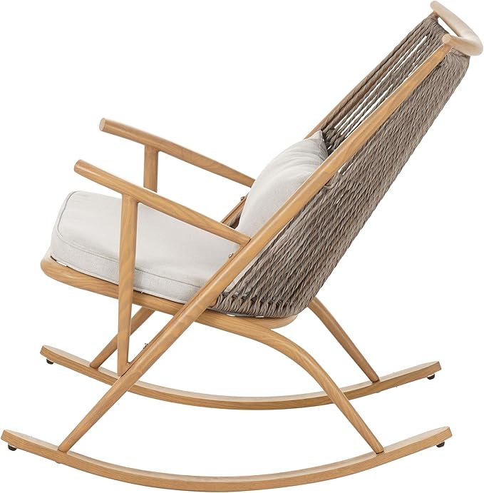 Christopher Knight Home Ilumia Iron Frame in Maple Finish Rocking Chair Outdoor, Patio PE Rattan Backrest Rocker Chair with Cushions, Comfort Wicker Rocker for Backyard Balcony Porch, Gray + Maple