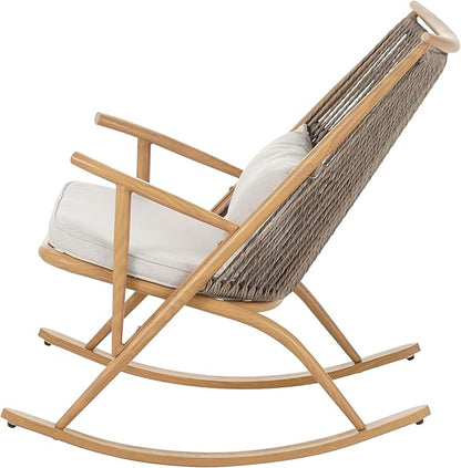 Christopher Knight Home Ilumia Iron Frame in Maple Finish Rocking Chair Outdoor, Patio PE Rattan Backrest Rocker Chair with Cushions, Comfort Wicker Rocker for Backyard Balcony Porch, Gray + Maple