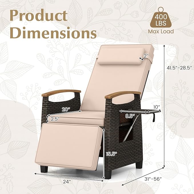 Tangkula Patio Wicker Recliner Chair, Rattan Lounge Chair w/Adjustable Backrest & Footrest, Flip Side Table, Push Back Reclining Seat w/Cushion for Backyard, Porch, Lawn (2, Beige)