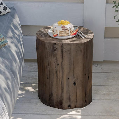 HOMPUS Concrete Outdoor Side Table,Tree Stump Modern Round Accent Table,Plant Stand Faux Wood End Garden Stool for Patio,Home Decor, Living Room(Walnut)