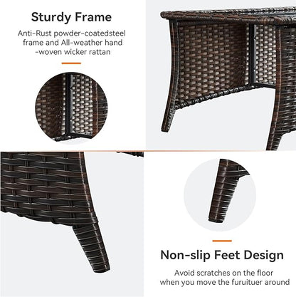 Outdoor Coffee Table - Patio Rattan Wicker Coffee Table with Tempered Glass Top Outdoor Table for Deck Porch Balcony Garden - Brown