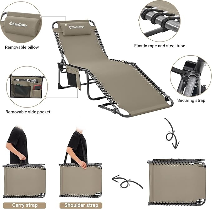 KingCamp Lounge Chair Outdoor, Folding Portable Tanning Chairs Comfy Adjustable 5-Position Lay Flat Foldable Chaise - Photo 4