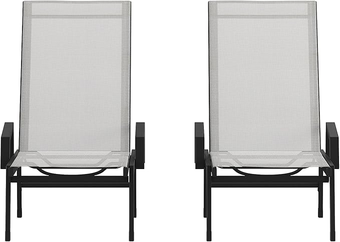Flash Furniture Brazos Set of 2 Adjustable Chaise Lounge Chairs with Arms, All-Weather Outdoor Five-Position Recliners, Black/Gray