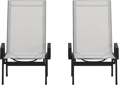 Flash Furniture Brazos Set of 2 Adjustable Chaise Lounge Chairs with Arms, All-Weather Outdoor Five-Position Recliners, Black/Gray