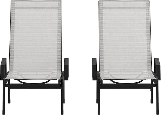 Flash Furniture Brazos Set of 2 Adjustable Chaise Lounge Chairs with Arms, All-Weather Outdoor Five-Position Recliners, Black/Gray