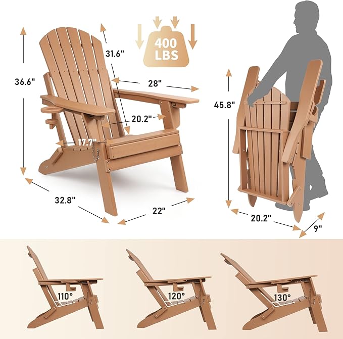 FUNBERRY Folding Adirondack Chair with Adjustable Backrest, HDPE All Weather Fire Pit Chairs with Cup Holder
