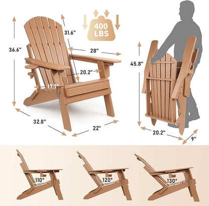 FUNBERRY Folding Adirondack Chair with Adjustable Backrest, HDPE All Weather Fire Pit Chairs with Cup Holder