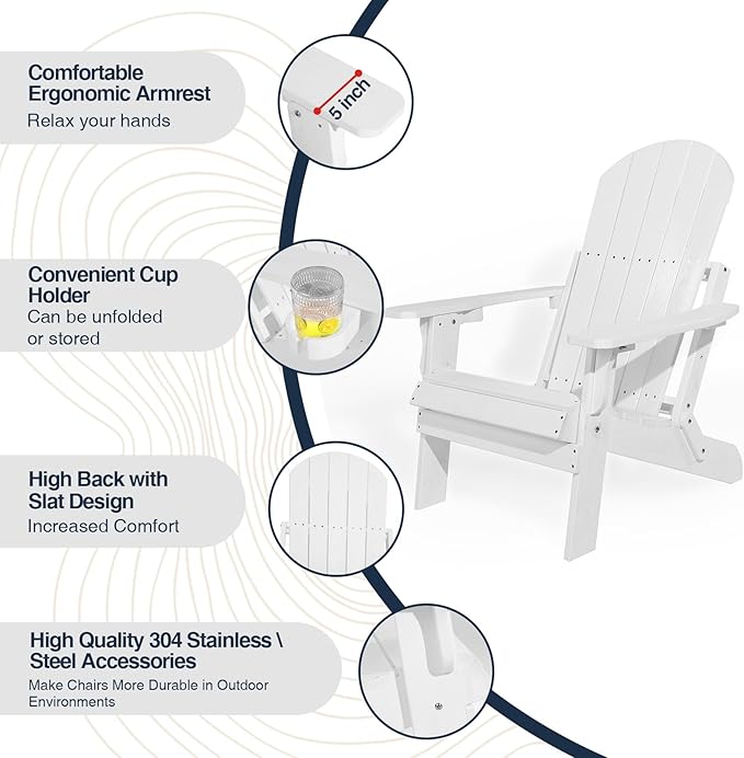 Folding Adirondack Chair, All Weather Resistant Plastic Chair with Cup Holder, Fold or Unfold Easily in 1 Second, Outdoor Chairs for Patio, Garden, Backyard Deck, Lawn Fire Pit(White)