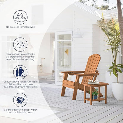 Plawdlik Folding Adirondack Chair, SGS Tested, Wooden Textured with Cup Holder, Heavy All-Weather HDPE Comfortable Set Poolside Backyard Lawn Teak