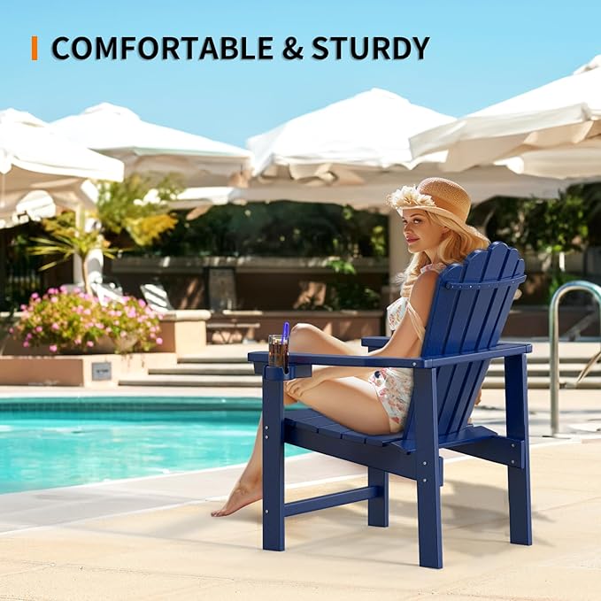 VINGLI Plastic Folding Adirondack Chair with Cup Holder, 100% Recyclable HDPE Material, Comfortable 380lb Weight Capacity for Outdoor Pool Patio Lounge Chair Lawn Furniture Fire Pit, 2 Pack, Navy Blue
