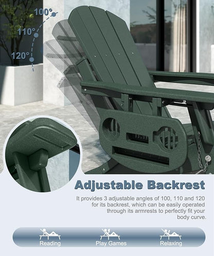 Adjustable Adirondack Chair with Retractable Ottoman Set of 4, HDPE Folding Adirondack Chair with Cup Holder, All Weather Fire Pit Chair for Outdoor, Dark Green